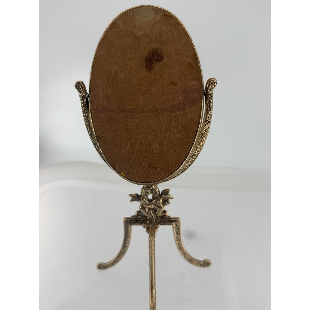 Vintage Gold Tone Vanity Tabletop Swivel Oval Mirror Cherub Hollywood Regency - Picture 5 of 6
